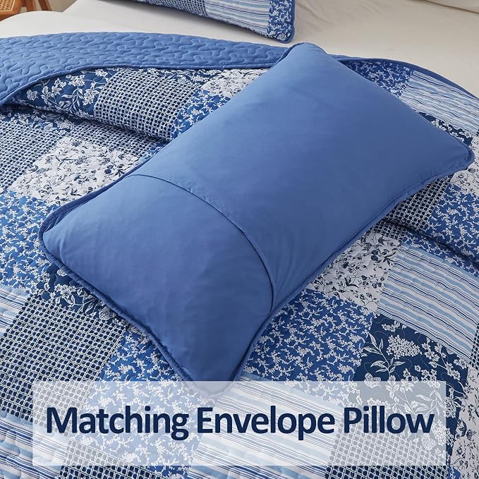 Mybedsoul Boho Quilts Queen Size, Patchwork Floral Bedding Set, Blue | Soft Lightweight Microfiber Coverlet Set, 3 Pieces Plaid Reversible Bedspread, Bed Sets for All Seasons 90"x96"