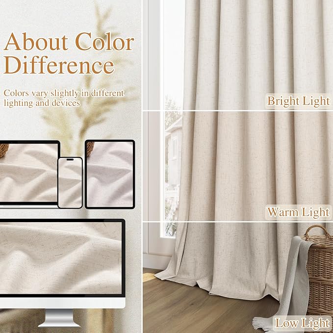 100% Blackout Linen Curtains 84 Inch Length 2 Panels Set for Living Room Bedroom Back Tab Thermal Insulated Black Out Drapes Room Darkening Farmhouse Style for Bedroom Window Curtains 52x84