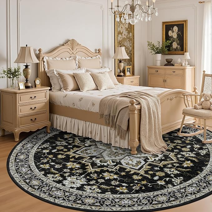 Round Area Rug for Living Room: 6ft Boho Washable Rug Black Gold | Vintage Boho Soft Round Rug Indoor Floor No Slip Carpet Stain Resistant Rugs for Bedroom Dining Room Nursery Home Office