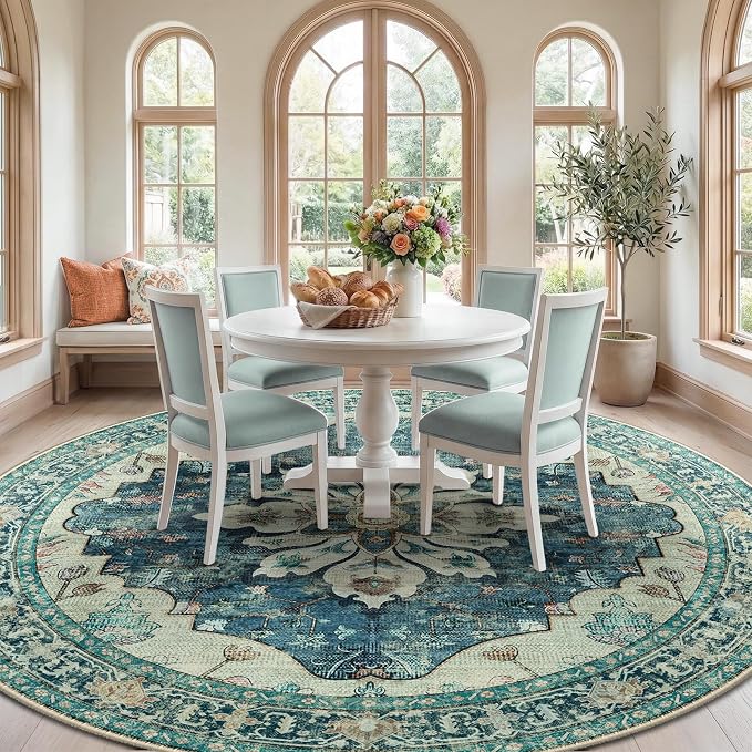 RELEANY Washable Area Rug, Round 8ft, Blue/Vintage Dark Blue | Non-Slip, Water Repellent, Pet Friendly, Easy to Clean, Vintage Floral Boho Decor for Living Room Bedroom Dining Room