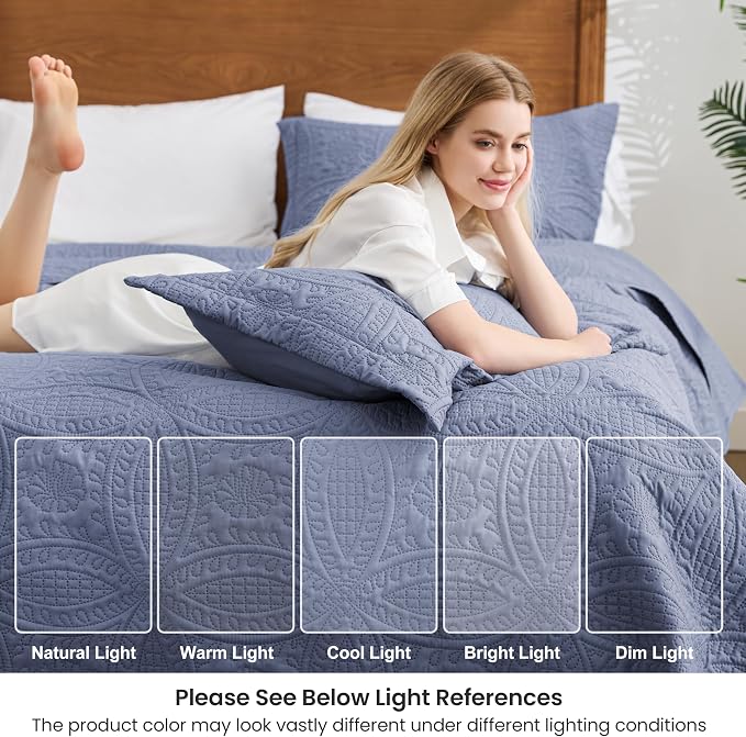 Love's cabin Oversized King Size Quilt Bedding Set Bluish Grey Bedspreads - Oversized King Lightweight Bedspread Comforter - Coin Pattern Coverlet for All Season - 3 Pieces (1 Quilt, 2 Pillow Shams)