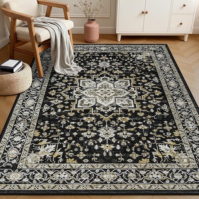 3x5 Area Rugs Living Room: Washable Rug for Bedroom Black Gold | Boho No Slip Stain Resistant Rug Soft Indoor Decor Floor Floral 3x5 Area Rugs for Dining Room, Nursery, Hallway, Home Office