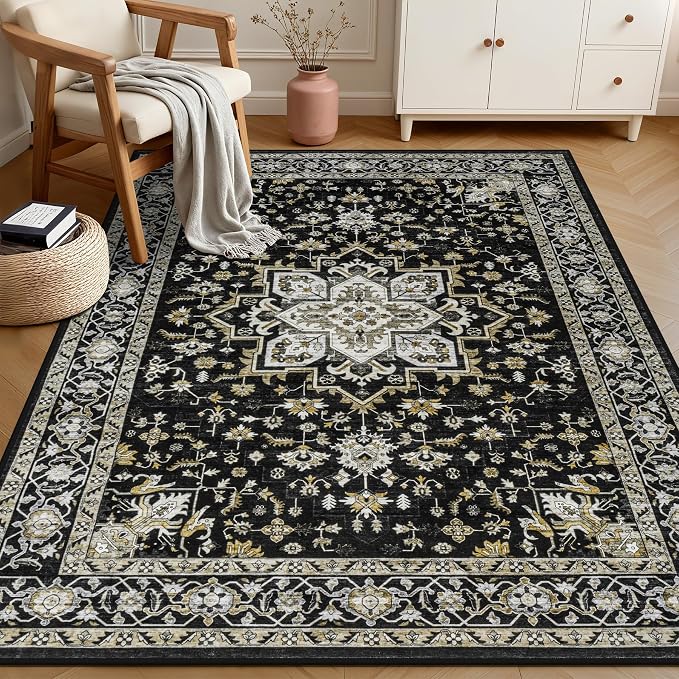 6x9 Area Rugs Living Room: Washable Rug for Bedroom Black Gold | Boho No Slip Stain Resistant Rug Soft Indoor Decor Floor Floral 6x9 Area Rugs for Dining Room, Nursery, Hallway, Home Office