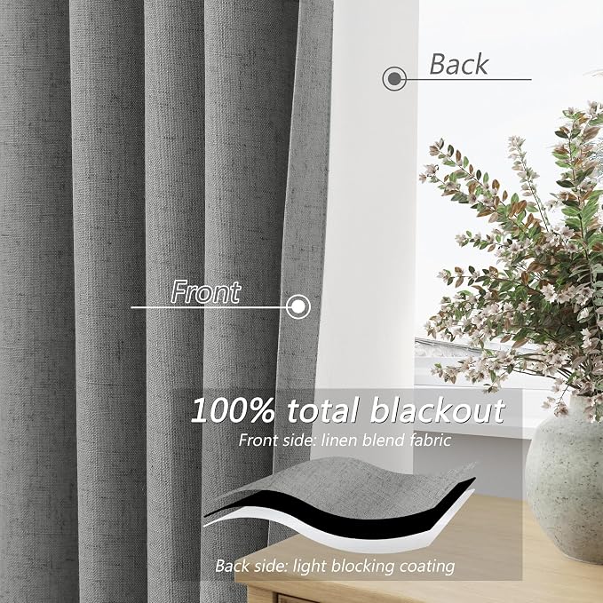 Dark Grey 100% Blackout Linen Curtains 90 Inch Length 2 Panels Set for Living Room Back Tab Thermal Insulated Black Out Drapes Room Darkening Farmhouse Style for Bedroom Window Curtains