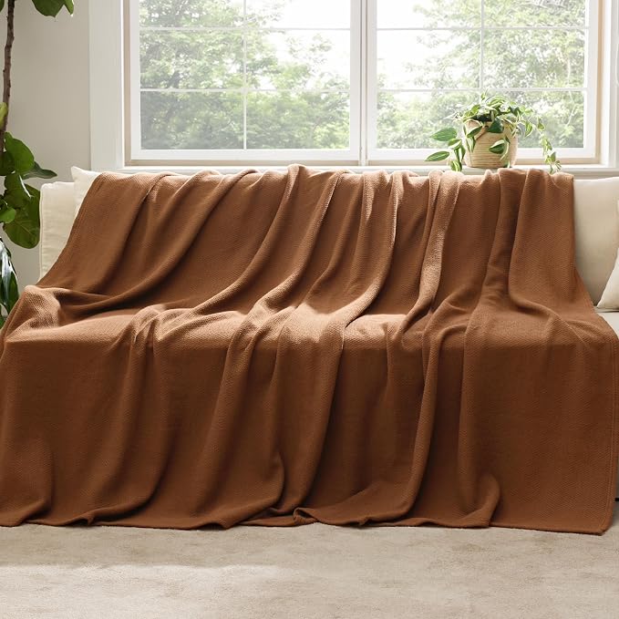Bedsure 100% Cotton Blanket, Herringbone Weave, Twin-XL, Burnt Orange | Cooling, Breathable, Lightweight, Soft, Ideal for Summer Nights, Dorm Room Essentials for College, Room Decor, 66x90 Inches