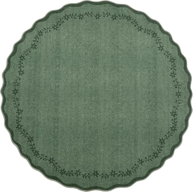 GarveeHome Large Round Rug 8ft Scalloped Washable Circle Living Room Rug | Soft Solid Green Non Slip Floral Print Floor Mat Carpet Indoor Thin Area Rug for Bedroom Dining Room Playroom Nursery