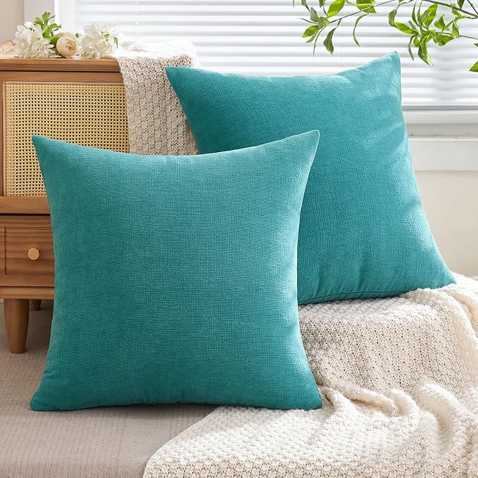 MIULEE Teal Chenille Couch Euro Throw Pillow Covers, 22x22 | Set of 2, Soft Coastal Home Decor, Modern Farmhouse Decorative Pillowcases for Sofa Living Room Bed