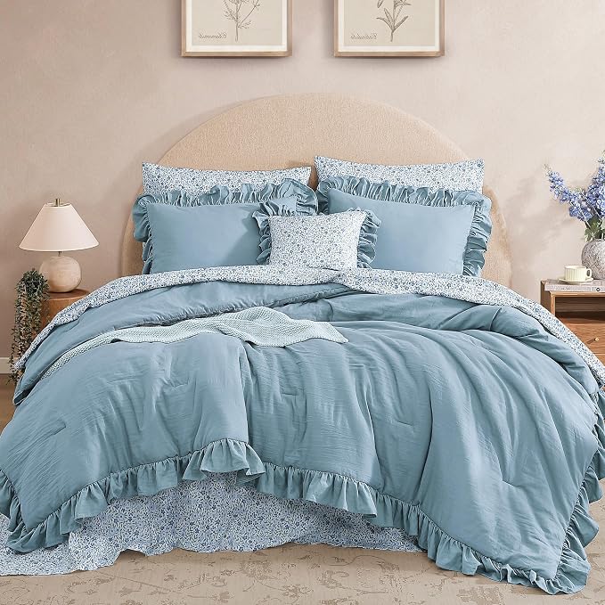 King Size Comforter Set-7 Pieces Ruffle Bedding Floral Sheet | Blue Bed in a Bag, Soft Lightweight All Season Farmhouse King Size Bedding Sets with Floral Sheets, Pillowcases & Shams