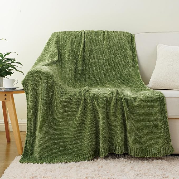 Green Chenille Throw Blanket for Couch, Soft Knit Throw Blanket 51"x67" | Shiny Chenille Blanket, Decorative Soft Moss Green Blankets for Bed Sofa Living Room