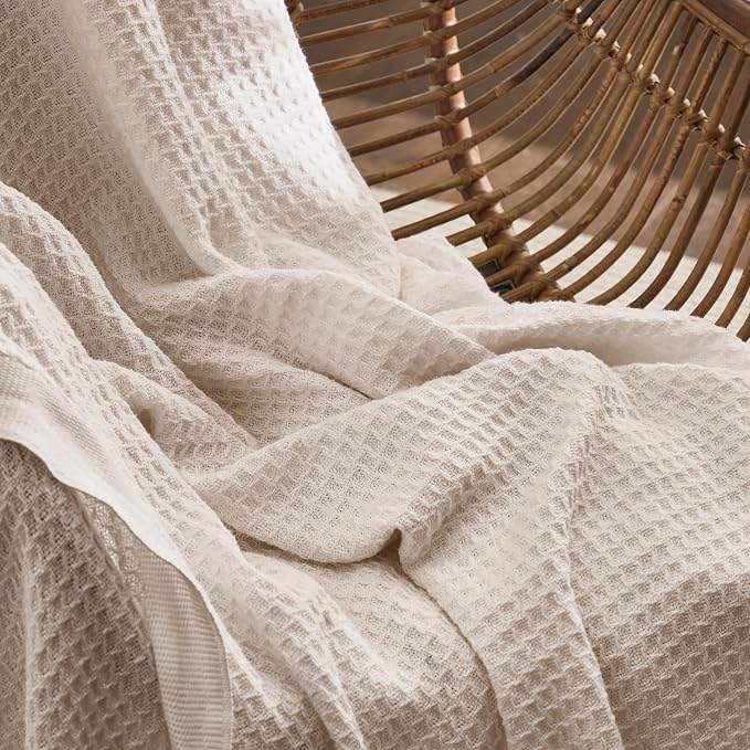 Bedsure 100% Cotton Throw Blanket for Couch, Waffle Weave, Beige, 50"x70" | Breathable, Soft, Cozy, Cooling, Waffle Texture, Summer Blanket, Gifts for Women, Machine Washable, All Seasons