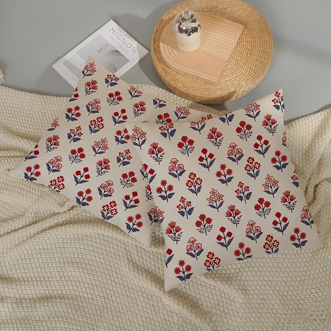 4th of July Pillow Covers 22x22 Inch 2 Pcs Red Blue Block Print Vintage Floral Patriotic Outdoor Decor Throw Pillows Memorial Day Holiday Decoration Pillowcase Linen Cushion Cover for Couch