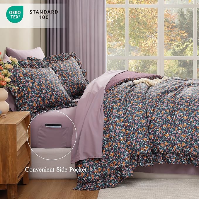 Queen Comforter Set-7 Pieces Floral Ruffle Bedding Set | Purple Ditzy Bed in a Bag, Soft Lightweight All Season Farmhouse Queen Bedding Sets with Sheets, Pillowcases & Shams
