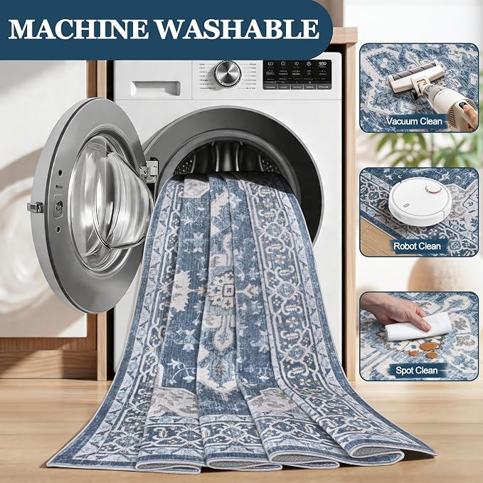 9x12 Washable Area Rugs for Living Room Blue Non-Slip Rug | Vintage Medallion Rug，Soft Low Pile Large Rugs，Indoor Retro Carpet for Bedroom Nursery Dining Table Farmhouse Home Office