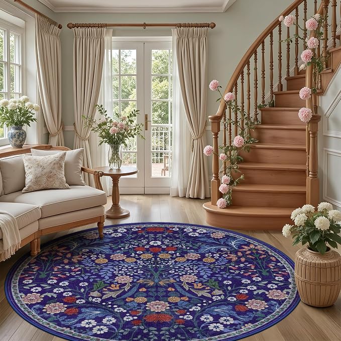 PLHXFR Round Area Rug Living Room: 8 ft Floral Washable Soft Carpet Blue | For Bedroom Dining Room Farmhouse Nursery Hallway,Vintage Floral,Machine washable,Non Slip,Stain Resistant,Large Indoor