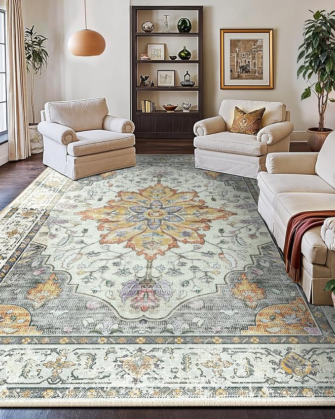 RELEANY Washable Area Rug, Large 9'x12', Beige/Carbon Grey/Orange | Non-Slip, Water Repellent, Pet Friendly, Easy to Clean, Vintage Floral Boho Decor for Living Room Bedroom Dining Room