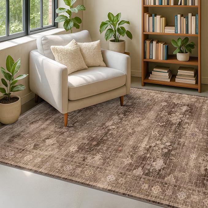 Taupe Brown Living Room Rug 6x9 - Vintage Traditional Eclectic Unique Neutral, Washable Low Pile Non-Slip Large Area Rugs for Dining Under Table Bedroom Lounge