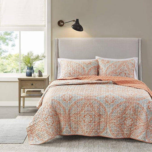 Comfort Spaces Gloria Boho Full Queen Quilt Set 3 Piece for Summer Coral | Reversible Coverlet Bedspread, Soft All Season, Medallion Pattern, Winter Layer with Shams Modern Lightweight, Cozy Comfort