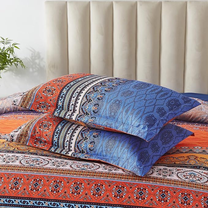 Cottolester Boho Comforter Set King Size 8 Piece Bed in a Bag Burnt Orange Paisley Fall Comforter and Sheet Set Bohemian Striped Bedding Set,Soft Microfiber Complete Bedding Set