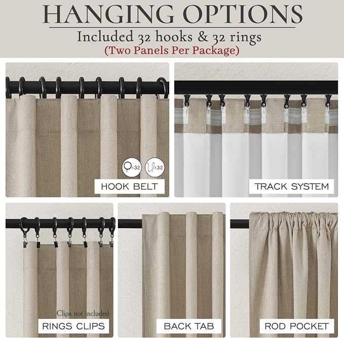 QJmydeco Black Out 96 Inch Long Boho Curtains 2 Panel Set, Farmhouse Curtains for Living Room Darkening/Thermal/Noise Reduction Textured Flax Linen Drape 8ft Hook&Ring Included GreyBeige 50"x96"