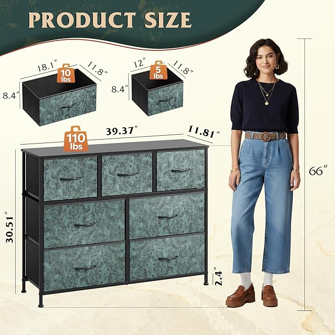 WLIVE Dresser for Bedroom, 7 Drawers, TV Stand, Vintage Green | 7 roomy fabric drawers, Fits TVs up to 45 inch, Bedroom or living room, Wide storage design, Chest of drawers