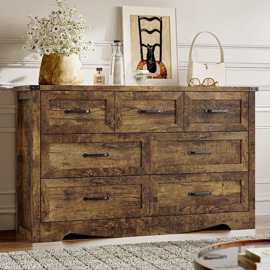 BORNOON 7-Drawer Dresser for Bedroom, Modern Wooden Chest of Drawers with Metal Handles, Anti-Tipping Design, Sturdy and Stable Storage Organizer for Living Room, Entryway, Home Office