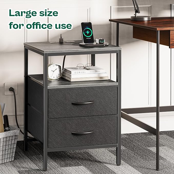 Huuger Night Stand with Charger Station, 27.7 Inch Tall Nightstand | Bed Side Table with 2 Fabric Drawers, Side Table for Bedroom, End Table for Living Room, Couch, Grey