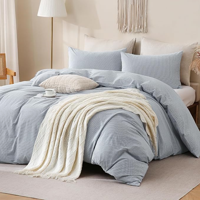 TOCOMOA Mini Gingham Blue Duvet Cover Set Washed Cotton Like Linen, King | 100% Washed Cotton Linen-Like Feel Soft, Breathable & Comfy. Lightweight Bedding Set with Zipper & 8 Ties. 3 Pcs, No Insert