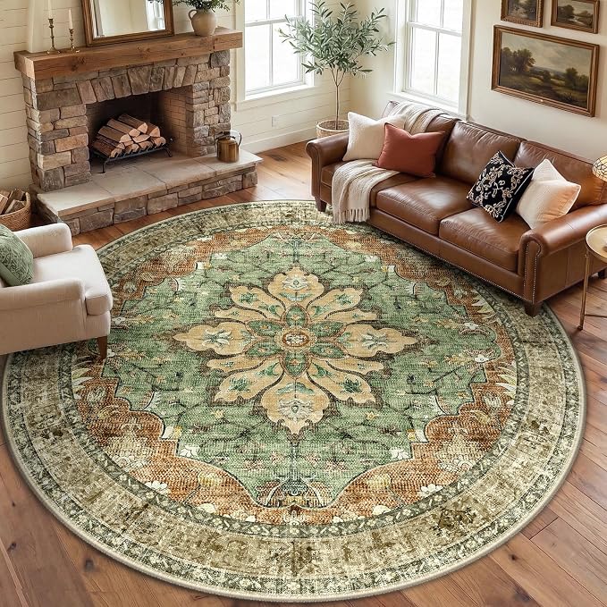 RELEANY Washable Area Rug, Round 8ft, Brick/Brown/Green | Non-Slip, Water Repellent, Pet Friendly, Easy to Clean, Vintage Floral Boho Decor for Living Room Bedroom Dining Room