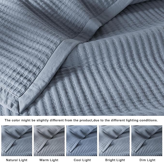 WDCOZY Dusty Blue Twin Size Quilt Set, Striped Pick Stitch Bedspread | Lightweight Soft Channel Coverlet, Spring Summer Thin Comforter, Farmhouse Rustic Country Bedding