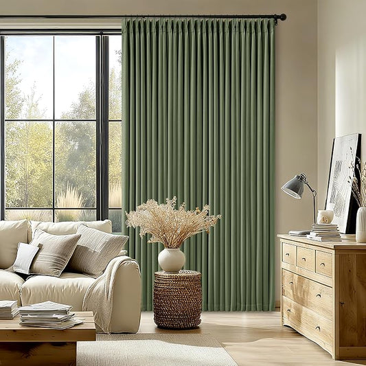 108 Inch Olive Green Linen Pinch Pleated Blackout Curtains Dual Layer | 100% Black Out, Pinch Pleat with Hooks Rings, Thick Linen Textured, Memory Trained, Bedroom Living Room Window Curtains