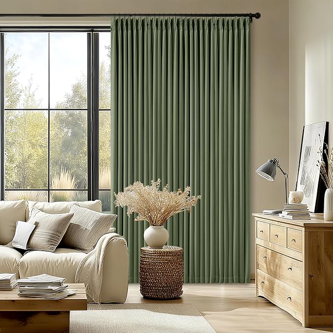 86 Inch Olive Green Linen Pinch Pleated Blackout Curtains with Liner | 100% Black Out, Pinch Pleat with Hooks Rings, Thick Linen Textured, Soundproof, Bedroom Living Room Window Curtains, Loden