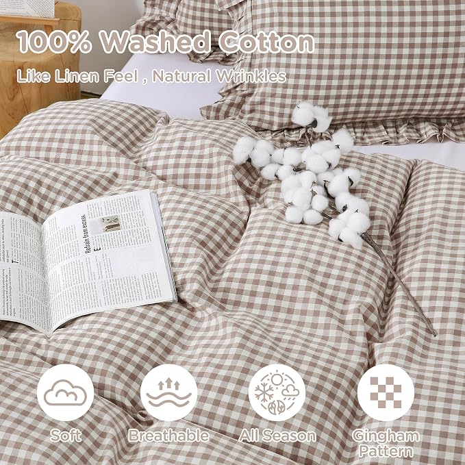 ATsense Tan Gingham Ruffle Duvet Cover Bedding Set Cotton Like Linen, King | 100% Washed Cotton Linen-Like Feel Soft, Breathable & Comfy. Fall Vintage Farmhouse Decor, Zipper & 8 Ties. 3 Pcs, No Insert