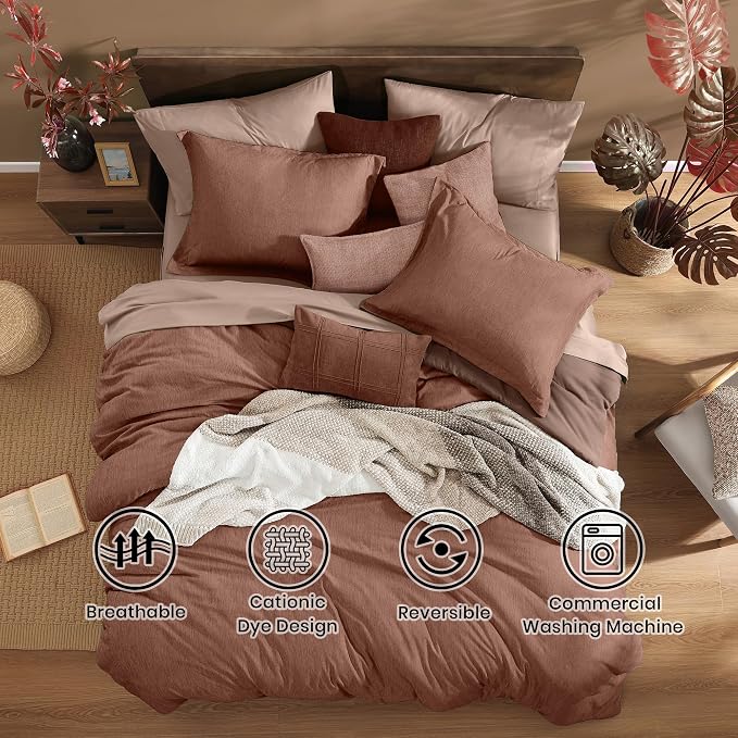 Monbix King Comforter Set 7 Pieces Terracotta Cationic Dyeing Bed in a Bag | Lightweight Reversible All Season Bedding Sets with Comforter, Sheets, Pillowcases & Shams
