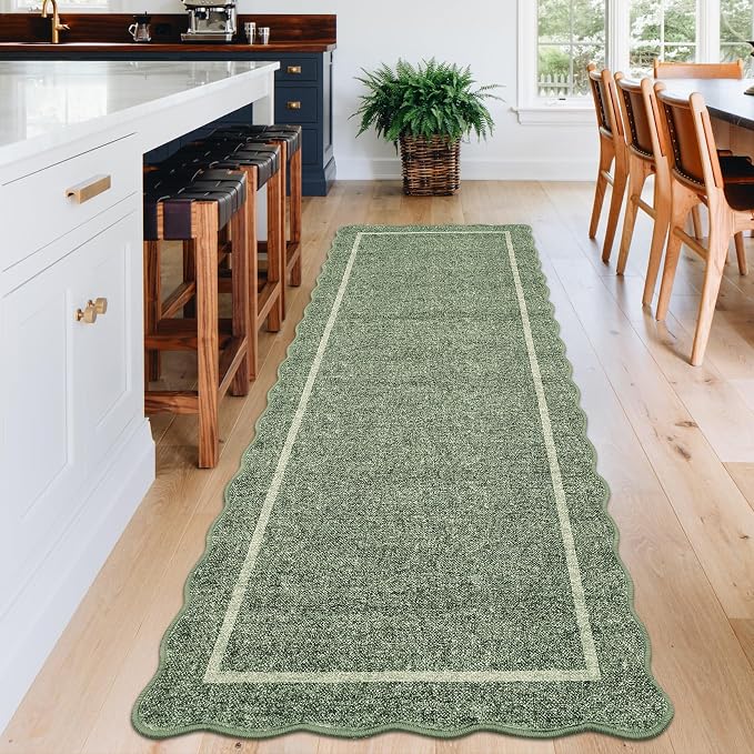 GarveeHome Scalloped Runner Rug for Hallway 2x10 Washable, Greyish Green | Kitchen Rugs Non Slip Modern Entryway Rug Farmhouse Soft Bathroom Rugs Stain Resistant Carpet for Hallway Laundry Bedroom