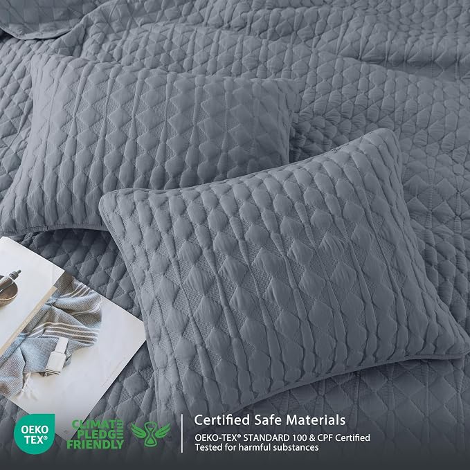 WDCOZY Blue Quilts Queen Size Bedding Sets with 2 Pillow Shams, Lightweight Soft Bedspread Coverlet, Quilted Blanket Thin Comforter Bed Cover for All Season, 3 Pieces, 90x90 inches