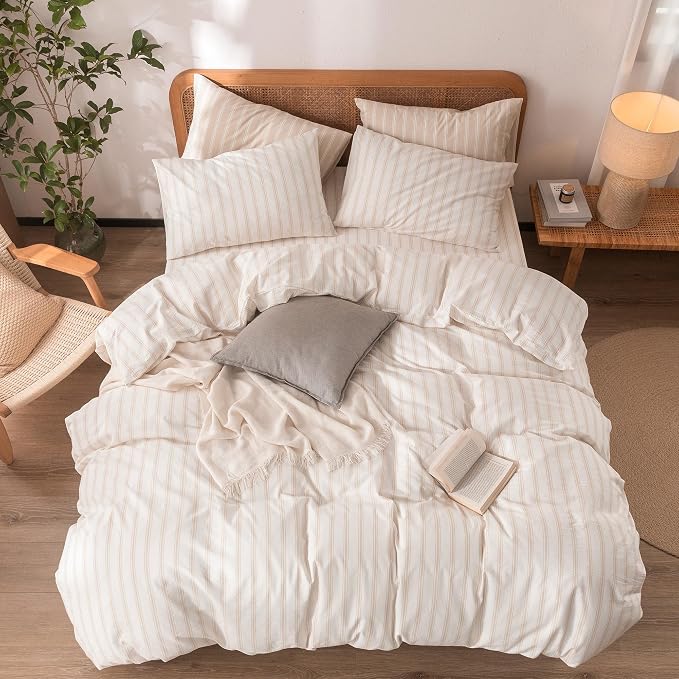 BESTOUCH Striped Cotton Duvet Cover Set Linen Feel California King | 100% Washed Cotton, Soft Wrinkle Texture, Hidden Zipper, 8 Ties, Breathable Lightweight Durable Comfy, 3 Pcs No Insert