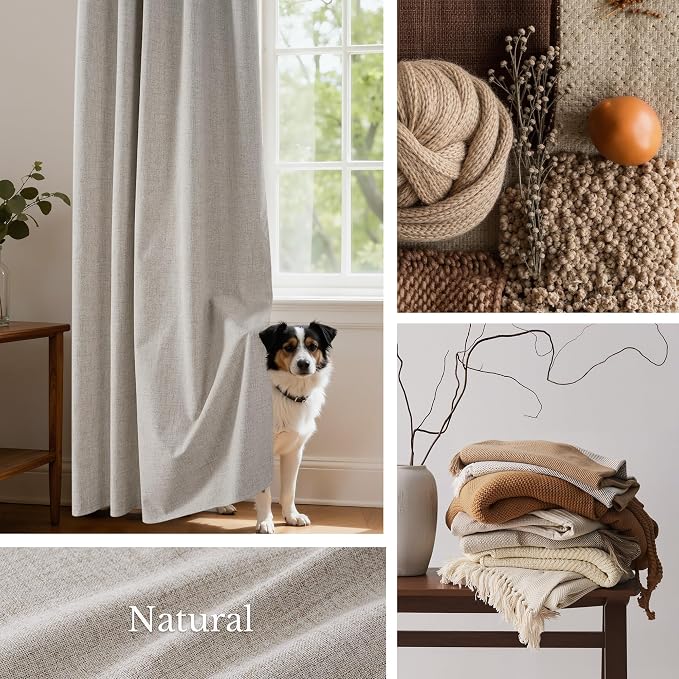 NICETOWN 100% Blackout Linen Curtains for Bedroom/Living Room 90" L, 2 PCs | Thermal Insulated & Privacy Curtains with Grey Liner, Noise Reducing Farmhouse Style, Natural, W52 x L90 in Each