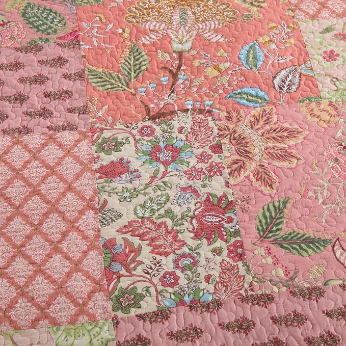 Cotton Patchwork Bedspread, 3-Piece Bedding Quilt Set with Real Stitched Embroidery, Reversible Matelasse Bed Coverlet Set,Bohemian Floral, King Size