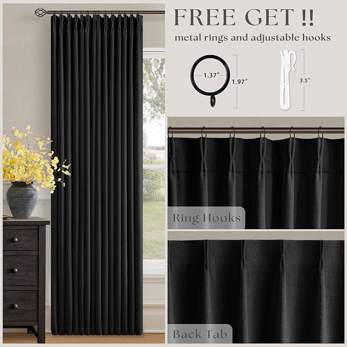 Black 100 Inch Pinch Pleated 100% Blackout Curtains with Liner 2 Panels Set | Thick Linen Textured, Energy Saving, Soundproof, Light UV Blocking, Thermal Insulated Curtain for Living Dining Room Bedroom