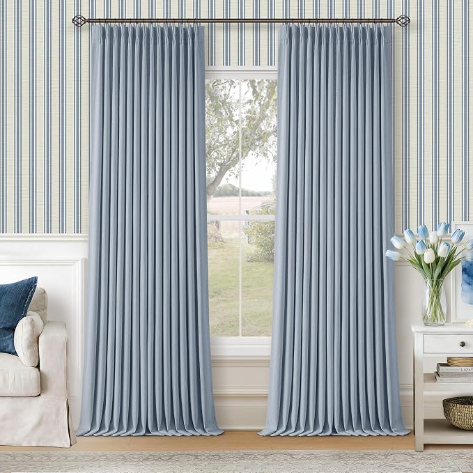 Blue 96 Inch Blackout Pinch Pleated Thick Linen Curtains with Liner 2 Panel | Two Layer Black Out Curtains, Dusty Sky Ice Blue, Light Blocking Thermal Insulated, with Hooks Rings, for Living Room Bedroom