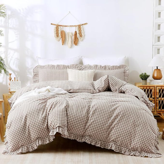 ATsense Tan Gingham Ruffle Duvet Cover Bedding Set Cotton Like Linen, King | 100% Washed Cotton Linen-Like Feel Soft, Breathable & Comfy. Fall Vintage Farmhouse Decor, Zipper & 8 Ties. 3 Pcs, No Insert