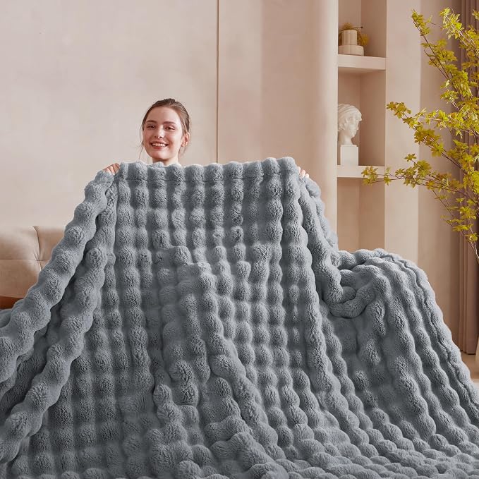 60x80 Inches Ultra-Soft Fuzzy Faux Fur Plush Twin Size Blanket - Thick, Warm Sherpa for Couch, Sofa, Bedroom, Camping - Decorative Blanket for Cozy Warmth, Bubble Grey