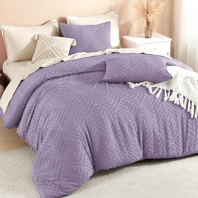 Litanika Queen Size Comforter Set, 3 Pieces Tufted Boho Bedding Set | Grayish Purple Farmhouse Shabby Chic Vintage Bohemian Textured Aesthetic Soft Fluffy Breathable All Season Bed Set