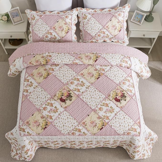 Quilt Set King Size, Bedspread Sets Pink Botanical Floral, Reversible Quilt Bedding Set Lightweight and Breathable for All Seasons, Soft Quilted Bedspread with 2 Pillow Shams
