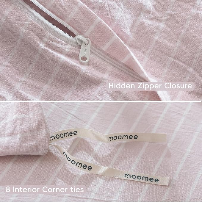 MooMee Striped Duvet Cover Set 100% Washed Cotton Linen Like Queen | Relaxed Linen-like Texture. Soft, Breathable & Long-lasting Comfort. Lightweight. Hidden Zipper with 8 Interior Corner Ties
