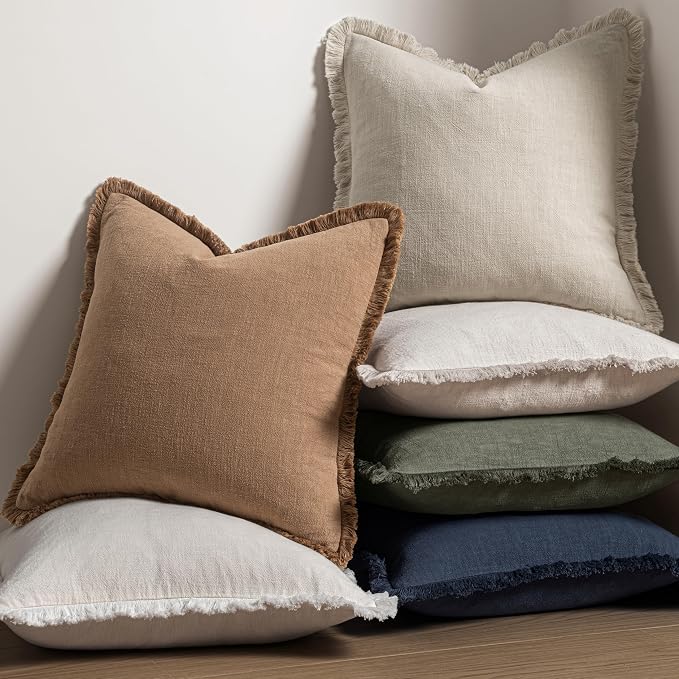 MIULEE Linen Fringe Decorative Throw Pillow Covers Light Olive Green 18x18 | Set of 2, Cottagecore Decor, Boho Farmhouse Neutral Pillow Covers, Rustic Couch Cushion Cases for Sofa Bed Living Room