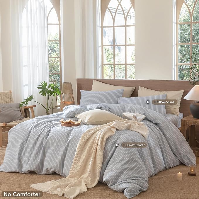 MooMee Striped Duvet Cover Set 100% Washed Cotton Linen Like Twin | Relaxed Linen-like Texture. Soft, Breathable & Long-lasting Comfort. Lightweight. Hidden Zipper with 8 Interior Corner Ties