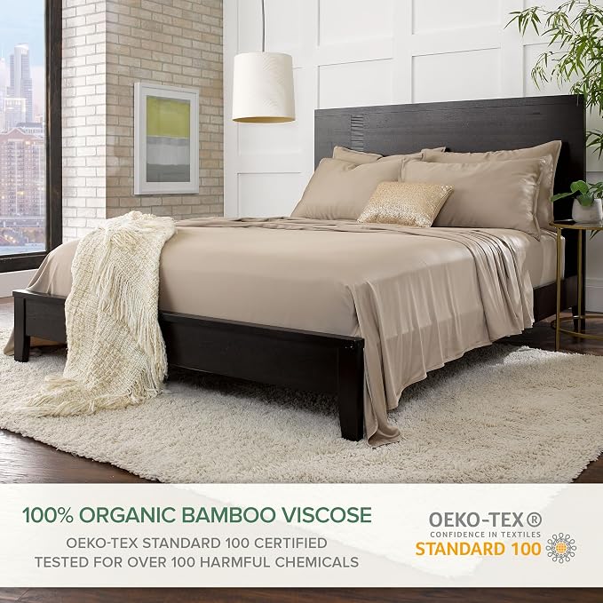 Pure Bamboo Queen Sheets, Genuine 100% Organic Viscose Derived from Bamboo Bed Sheet Set, Luxuriously Soft & Cooling, Double Stitching, 2 Year Quality Promise (Queen, Sand)