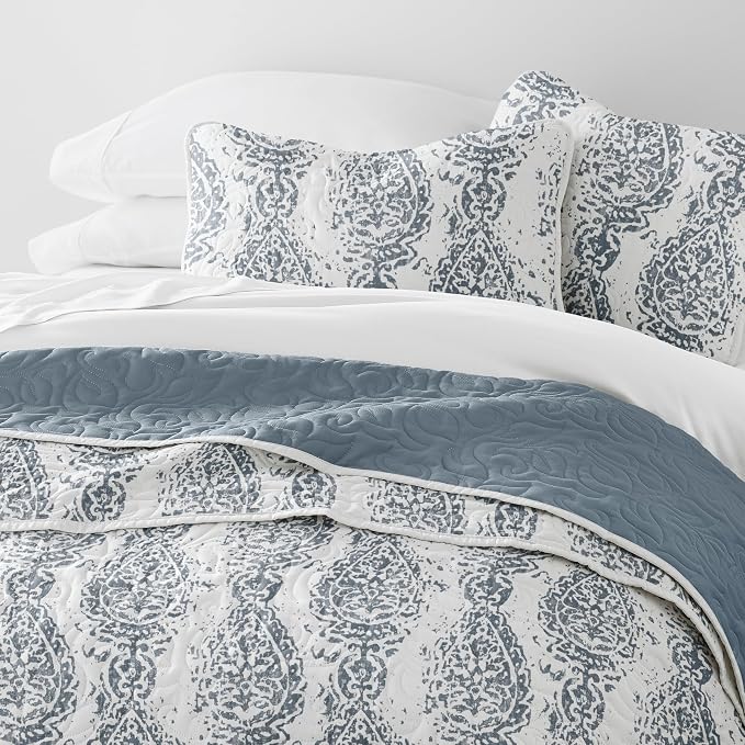 Merit Linens Soft Quilt Coverlet Bedding Set - Pattern/Solid Reversible - Full/Queen Dusk Blue