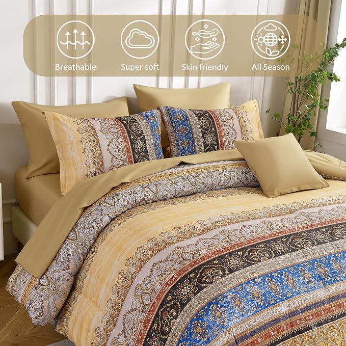 Cottolester Boho Full Comforter Set 8 Pieces,Yellow Bohemian Striped Bed in a Bag,Paisley Soft Microfiber Bedding Comforter Set